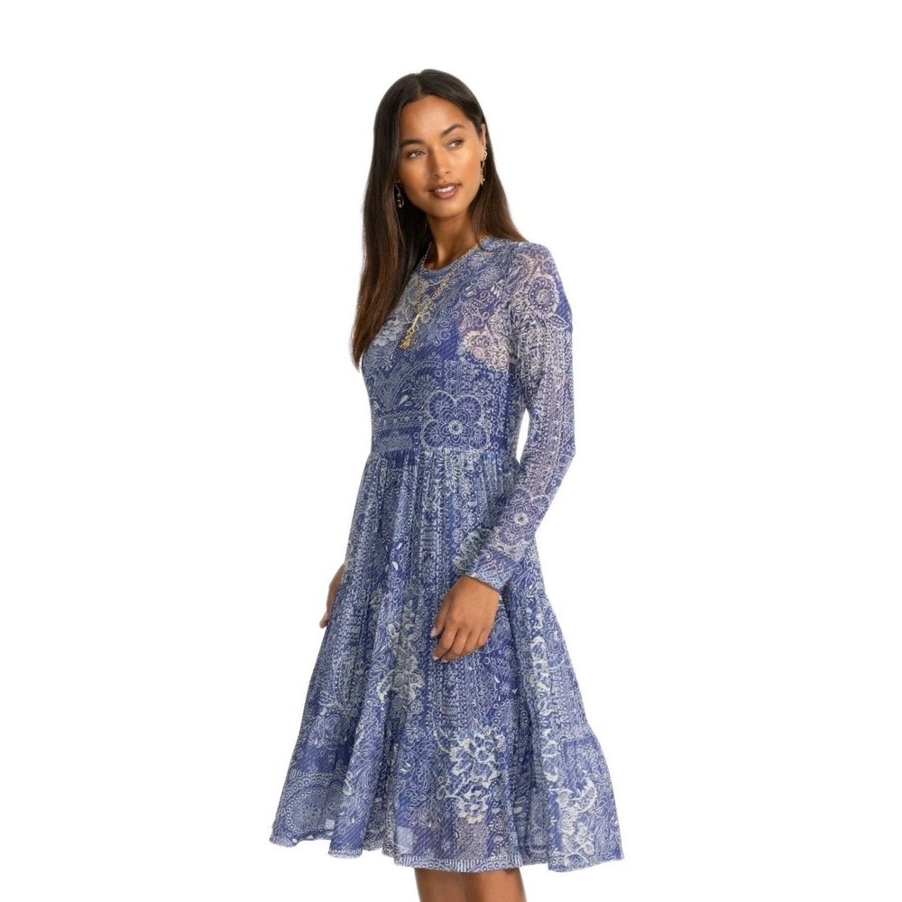 Johnny Was Womens Size Medium Jade Long Sleeve  Blue Mesh Tiered Dress